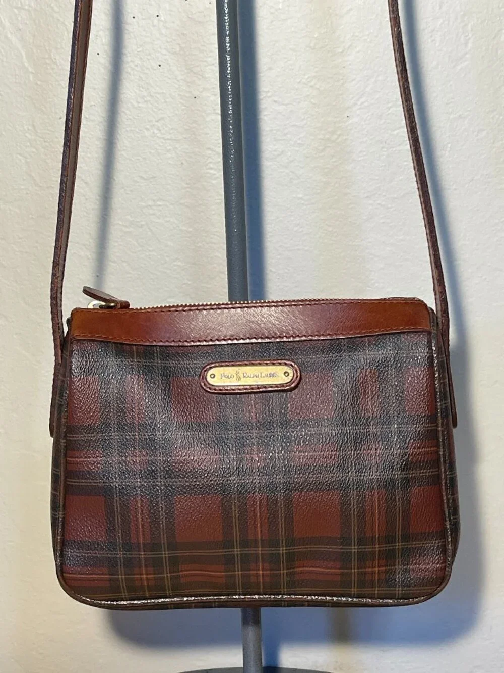 Vintage Polo Ralph Lauren Tartan Plaid Leather Crossbody Bag Heritage Equestrian